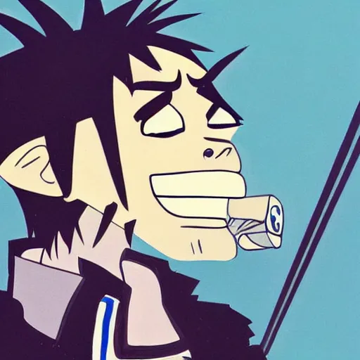 Prompt: 2 d gorillaz, a man with messy blue hair and no eyes, portrait, gorillaz style, jamie hewlett, semi - realistic, neutral expression