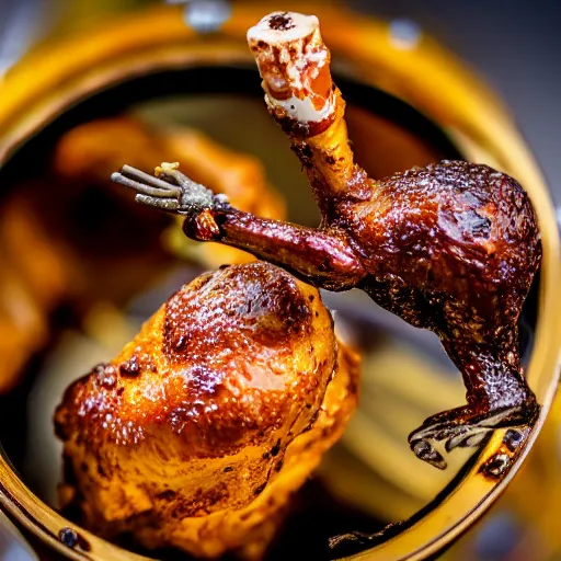 Image similar to macro photo of a chicken drumsticks with a secret miniature world inside of it, very very detailed, lots of fine details