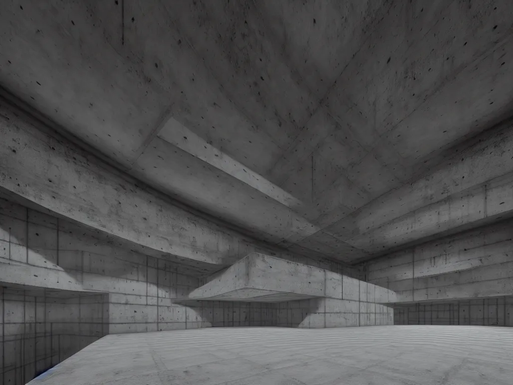 Image similar to Concrete huge dark-gray multi-layered underground structure with multiple floors and a plus-shaped cleft in the center. Inside view, straight lines, corners, high detailed, details, ultra realistic, photorealism, 8k, symmetrical, brutalism, beam, non-euclidean, architecture, volumetric lighting, cinematic