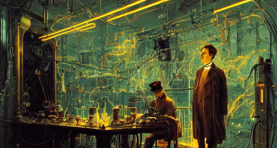 Image similar to nikolai tesla in his lab, glowing jacket, electrical arcs, neon glow, highly detailed, digital art, intricate, dramatic lighting, steampunk, neon colors, cinematic, art by norman rockwell, greg rutkowski, beksinski