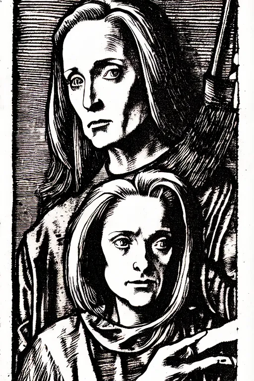 Image similar to dana scully of the apocalypse, pen and ink illustration / renaissance woodcut by albrecht durer 1 4 9 6, 1 2 0 0 dpi scan, ultrasharp detail, hq scan, intricate details, stylized border