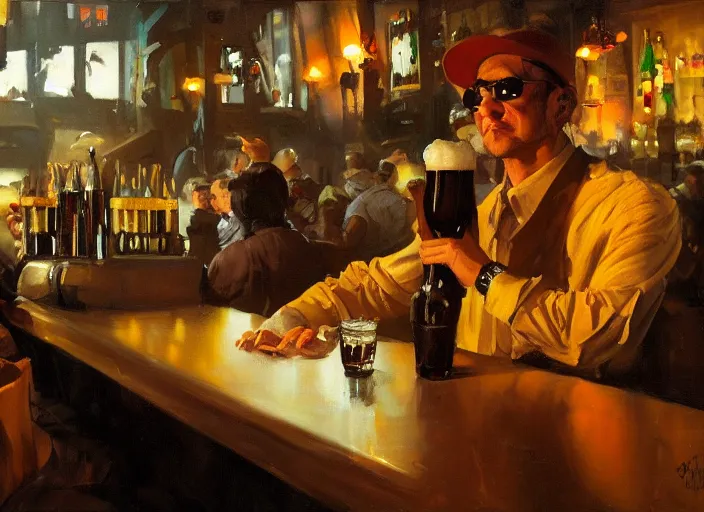 Image similar to greg manchess still - life painting of a delicious mug of beer in an orcish dieselpunk bar, close - up, organic painting, matte painting, bold shapes, hard edges, street art, trending on artstation, by huang guangjian and gil elvgren and sachin teng