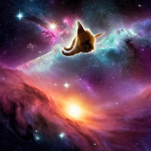 Prompt: a photo of an enormous space cat in front of a nebula captured by the James Webb Space Telescope JWST, by Hubble, by NASA, astrophotography, 8k, high detail