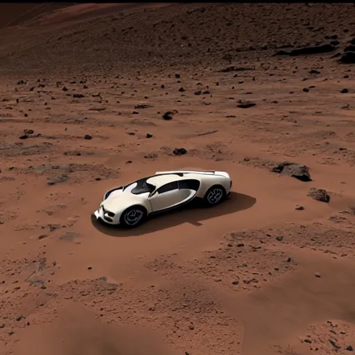 Prompt: a bugatti chiron on the surface of mars, dusty, desolate