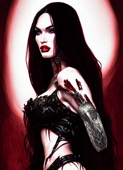 Image similar to portrait of megan fox as a evil vampire queen, bloody tears, jewelry, greek, dark, intricate, headshot, key visual, conceptart, ambient lighting, highly detailed, digital painting, artstation, concept art, sharp focus, by makoto shinkai and akihiko yoshida and greg manchess