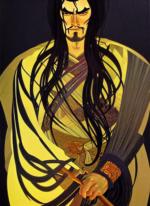 Prompt: oil portrait of samurai jack, intricate, elegant, highly detailed, lighting, painting, artstation, smooth, illustration, art by greg rutowski and alphonse mucha