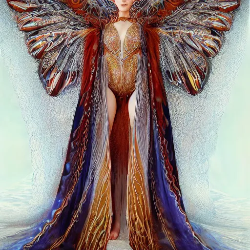 Image similar to a beautiful symmetrical plus size woman full body wearing algerian kaftan with translucent wings by alex gray and android jones , Karol Bak, Ayami Kojima, Amano , concept art, character design, fantasy,3D, 8k resolution