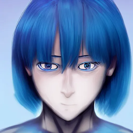 Image similar to japanese male android, pretty plastic face, blue hair, blue eyes, cute humanoid robot, face focus, realistic anime style