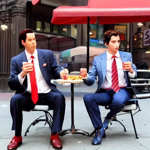 Image similar to phoenix wright and apollo justice eating hamburgers in new york city