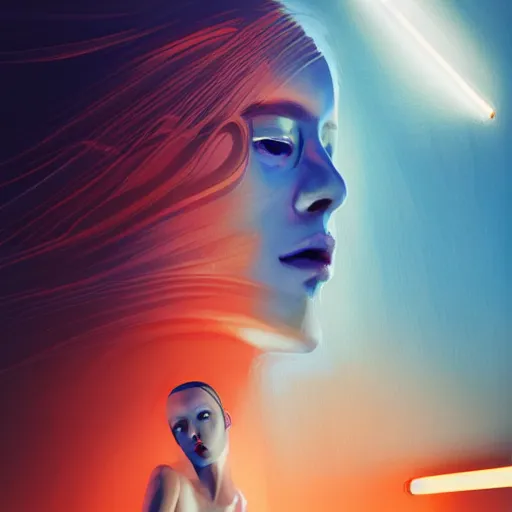 Image similar to 3 d, sci - fi, morning, sleepy fashion model face, sun, neon, cinematic, lightning clouds, vogue cover style, poster art, light orange and deep blue mood, realistic painting, intricate oil painting, high detail, figurative art, multiple exposure, poster art, 3 d, by tooth wu and wlop and beeple and greg rutkowski