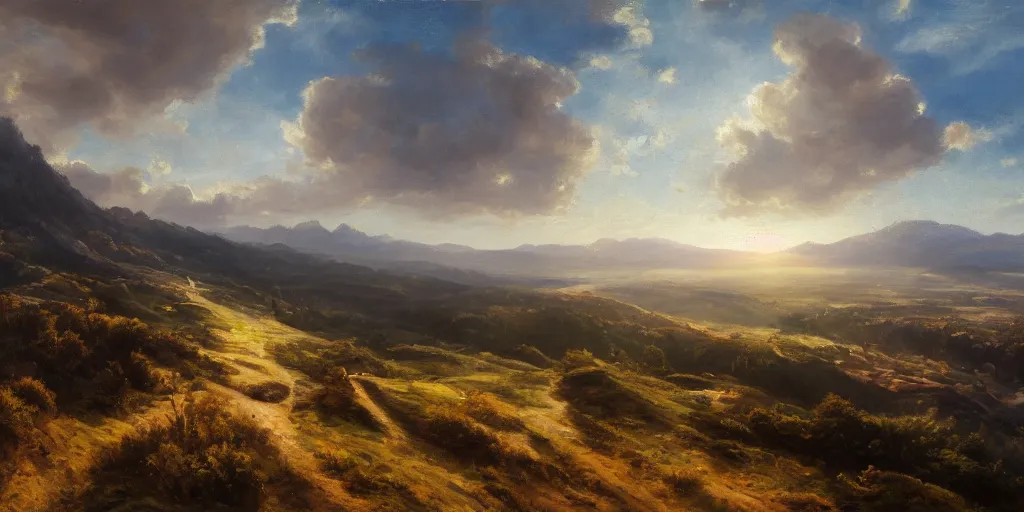 Image similar to a breathtaking landscape from a hilltop, cinematic lighting, detailed oil painting, hyperrealistic, 8k