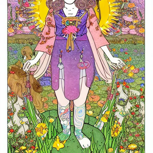 Image similar to a young NeoPagan Goddess of Spring, inside her temple, in a blended style by Junko Mizuno, Henry Darger, and Peter Chung, hyper detailed, colorful digital art, extremely fine inking lines