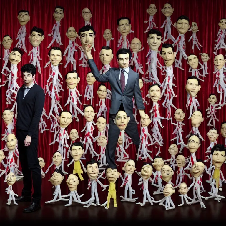 Image similar to focused dslr medium shot photograph of nathan fielder standing in front of dozens of nathan fielder puppets on strings from nathan for you on comedy central on a stage with a red curtain, meta, fractal, trippy, high detail!!! 8 k!!!!, photorealism!!!, sharp focus!!! coherent!!!