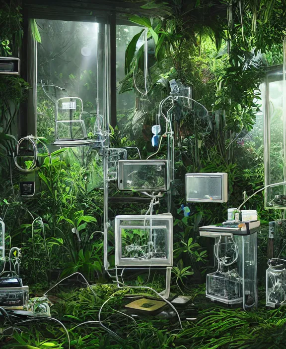 Image similar to intricate transparent clear see - through image of medical equipment, lush botany, overgrown jungle environment, flowers, ultra realistic, concept art, pop art, photorealistic, octane render, 8 k, unreal engine. art by nori inoguchi and sam kaplan and zachary goulko and christopher marley