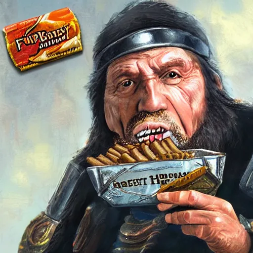 Image similar to Fantasy portrait of a big human fighter eating beef jerky who either looks really good for a 70 year old man or really bad for a 50 year old man