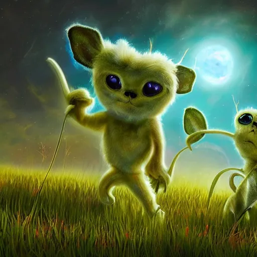 Image similar to cute fluffy aliens with big eyes and big ears in field of weird luminescent plants detailed oil painting 4 k