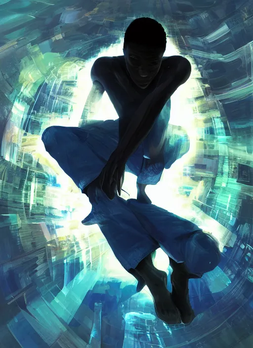 Prompt: detailed digital painting of young black man dreaming floating cmyk text and complex algorithms, dramatic pose by artstation, fanart behance hd by jesper ejsing, by rhads, makoto shinkai and lois van baarle, ilya kuvshinov, rossdraws, enter the matrix, global illumination, radiant light, detailed and intricate environment