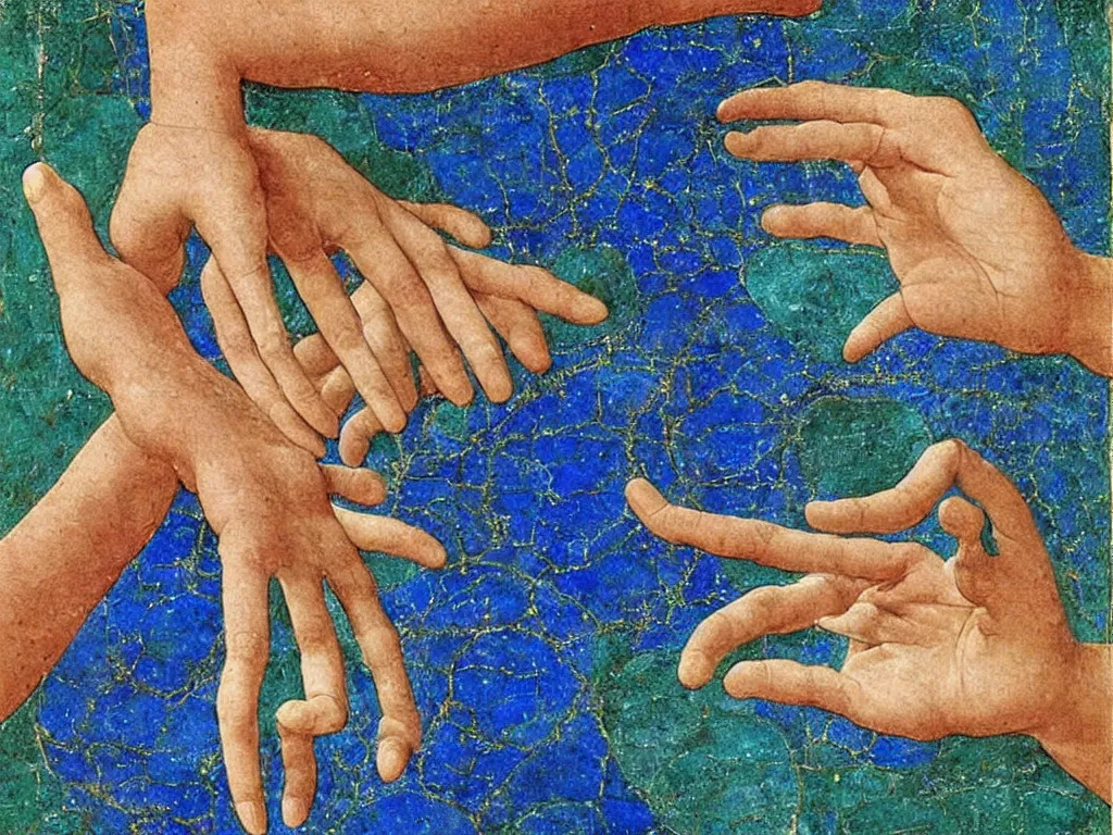 Prompt: sculpted hand with visible veins holding an eye. lapis - lazuli, emerald, turquoise, malachite, cinnabar, earth brown. painting by piero della francesca, ernst haeckel, agnes pelton