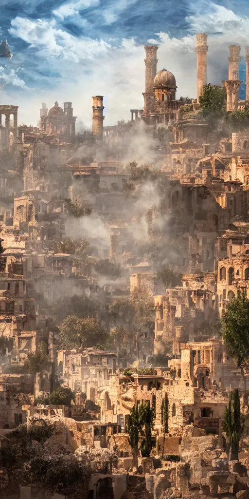 Image similar to epic view of an ancient Byzantine city surrounded by clouds, Giant imposing tower, full of strange statues and murals, full of smoke and dust, hyper real, Indiana Jones, Tomb Raider, trending on artstation, concept art, photorealistic, cinematic, city