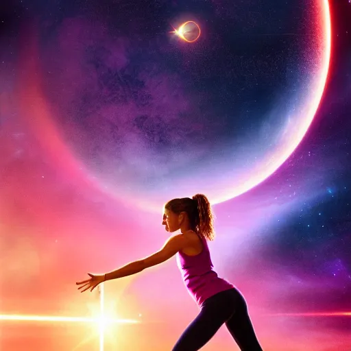 Image similar to hermione granger as yoga instructor in space, trending high quality art station, cinematic shot, magical colors and atmosphere, perfect composition, coherent, 8 k