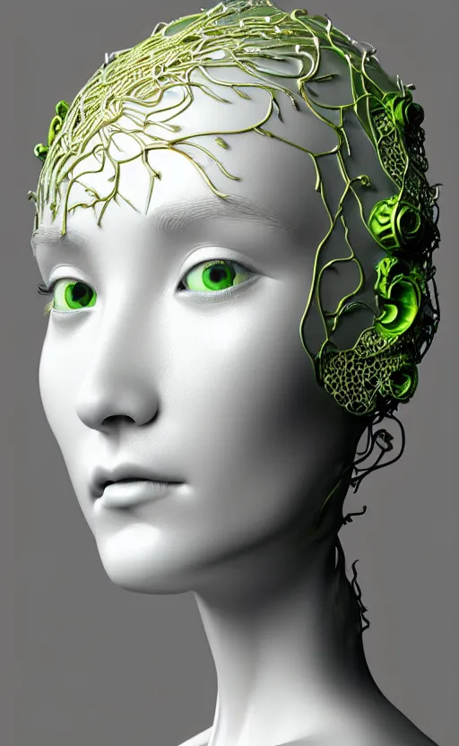 Prompt: complex 3d render of a beautiful porcelain profile woman face, vegetal dragon cyborg, 150 mm, beautiful natural soft light, rim light, silver gold metallic details, magnolia lime green big leaves and stems, ultra detailed , roots, fine lace, maze like, mandelbot fractal, anatomical, facial muscles, cable wires, microchip, elegant, white metallic armour, octane render, black and white, H.R. Giger style
