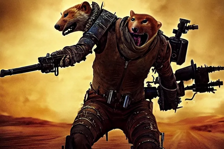 Image similar to a good ol'weasel fursona ( from the furry fandom ), heavily armed and armored facing down armageddon in a dark and gritty version from the makers of mad max : fury road. witness me.