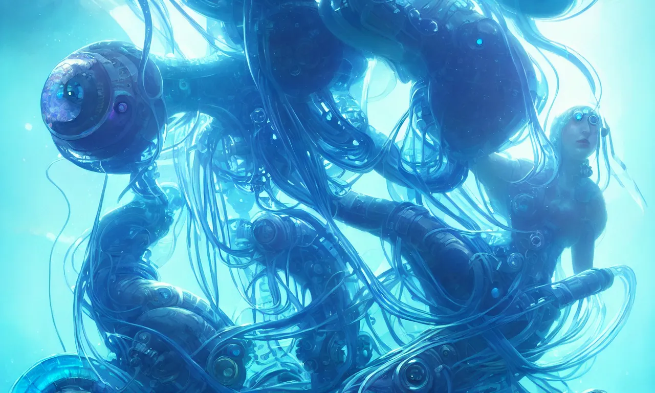 Image similar to Small cyberpunk jellyfish, blue tones, underwater, 360, highly detailed, digital painting, artstation, concept art, smooth, sharp focus, illustration, art by artgerm and greg rutkowski and alphonse mucha