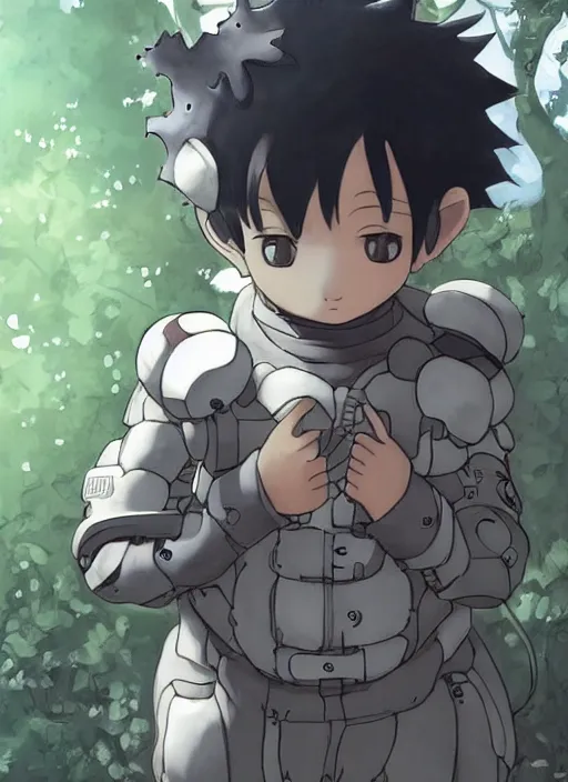 Prompt: beautiful little boy wearing an cyborg bear suit, artwork in kentaro miura and made in abyss and rosdraws and evangelion, smooth, beautiful lightness, anatomically correct, trending on pixiv, forest