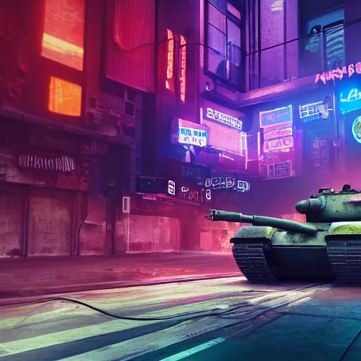 Image similar to high quality photo of a tank in a cyberpunk cyberpunk cyberpunk city, neon lights, realism, 8k, award winning photo, no water