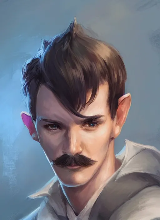 Image similar to young man with short white combover hair and moustache, dndbeyond, bright, colourful, realistic, dnd character portrait, full body, pathfinder, pinterest, art by ralph horsley, dnd, rpg, lotr game design fanart by concept art, behance hd, artstation, deviantart, hdr render in unreal engine 5