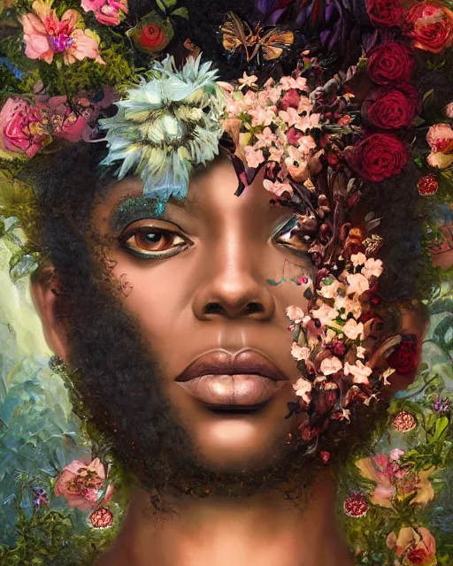 Image similar to portrait of the afro - american queen of the underworld, surrounded by flowers by karol bak, james jean, tom bagshaw, rococo, sharp focus, trending on artstation, cinematic lighting, hyper realism, octane render, 8 k, hyper detailed.