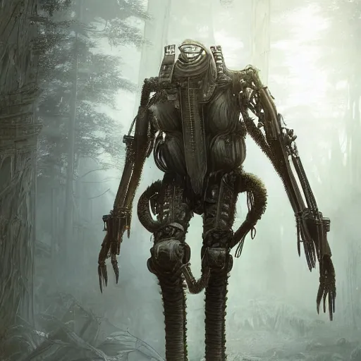 Image similar to Huntsman in combat dieselpunk giant walker exoskeleton with wooden details walks between the mystical foggy swamp. Style as if Dan Mumford and Tsutomu Nihei make game in Unreal Engine, photorealism, colorful, finalRender iridescent fantasy concept art 8k resolution concept art ink drawing volumetric lighting bioluminescence, plasma, neon, brimming with energy, electricity, power, Colorful Sci-Fi Steampunk Biological Living, cel-shaded, depth, particles, lots of reflective surfaces, subsurface scattering