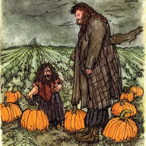 Image similar to a color illustration of hagrid and harry in a pumpkin patch by arthur rackham