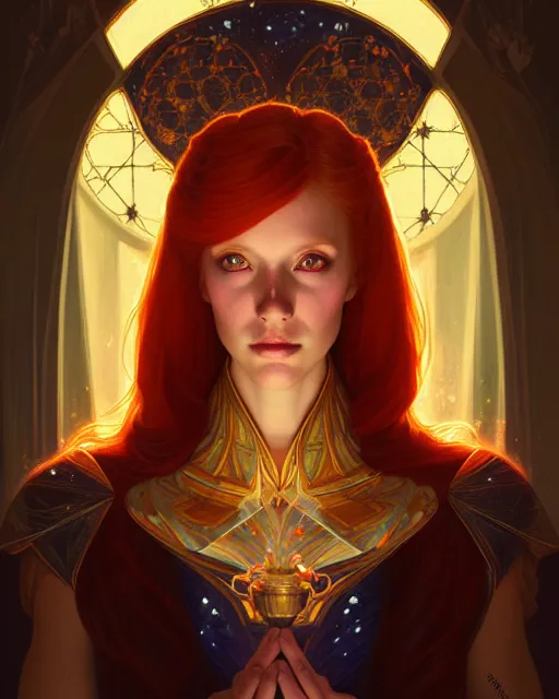 Prompt: symmetry portrait of redhead princess, glam, cleric, fireflies, crypt background, intricate, elegant, highly detailed, digital painting, artstation, concept art, smooth, sharp focus, illustration, art by artgerm and greg rutkowski and fra angelico and alphons mucha