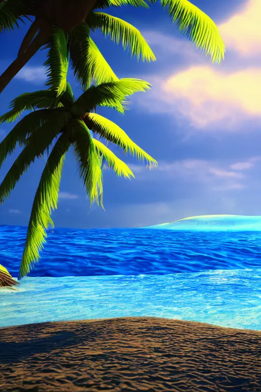 Prompt: a beautiful hydro flask sticker of a beach with coconut palms 8 k, frostbite 3 engine, cryengine, dof, trending on artstation, digital art, crepuscular ray