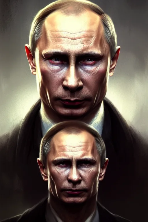 Image similar to Vladimir Putin as zombie, portrait, highly detailed, digital painting, artstation, concept art, smooth, sharp focus, illustration, cinematic lighting, art by artgerm and greg rutkowski and alphonse mucha