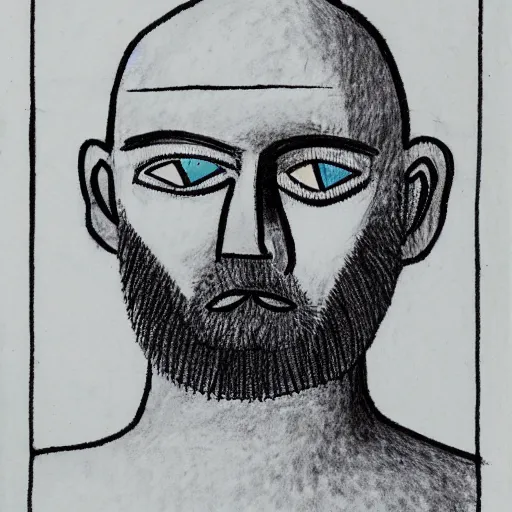 Prompt: portrait of bald bearded man with round face and blue eyes, minimalictic black and white art brut, ink, pencil