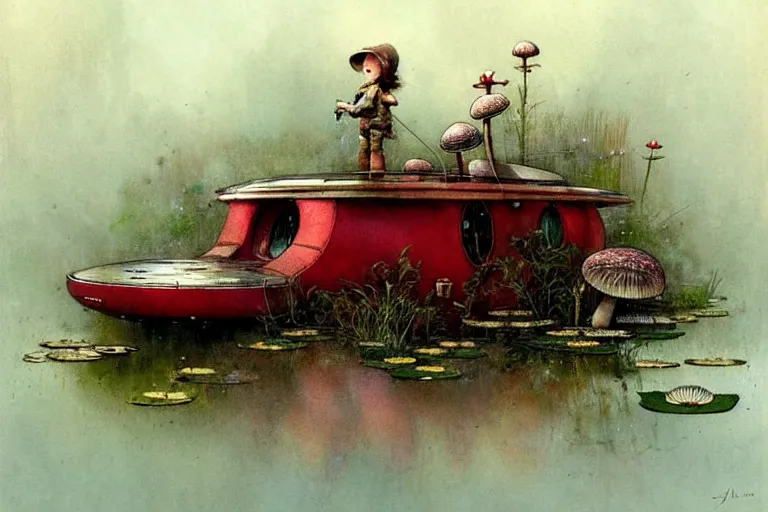 Image similar to adventurer ( ( ( ( ( 1 9 5 0 s retro future robot mouse house boat home. muted colors. swamp mushrooms. water lilies ) ) ) ) ) by jean baptiste monge!!!!!!!!!!!!!!!!!!!!!!!!! chrome red