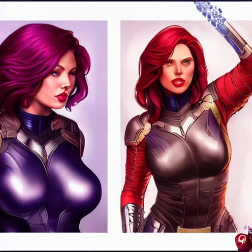 Prompt: natasha romanoff as thanos, feminine beautiful muscular fitness model wearing armor, red lips, attractive, highly detailed full body portrait, pretty face, elegant, breathtaking art, concept art, by artgerm and ilya kuvshinov