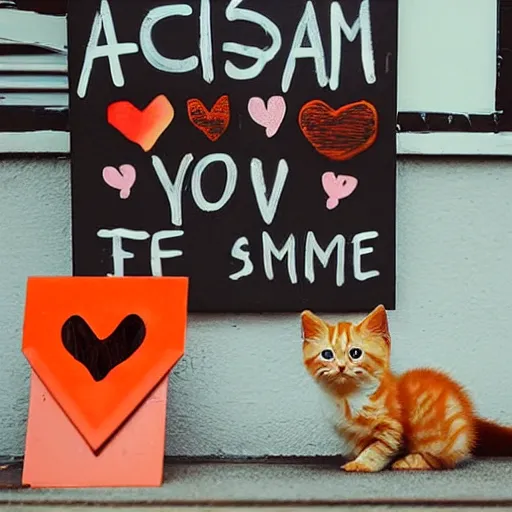 Image similar to cute fluffy orange tabby kitten with a sign that says