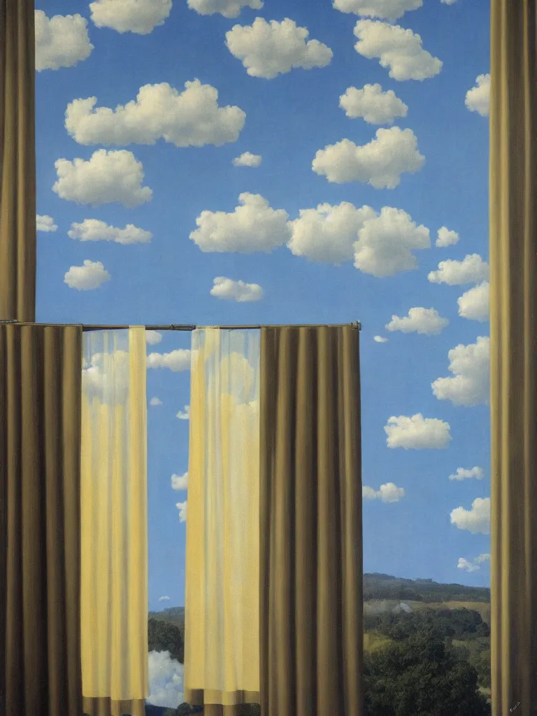 Prompt: curtains and clouds by rene magritte, detailed painting, hd, hq, high resolution, high detail, 4 k, 8 k