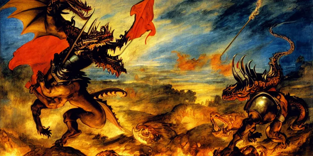 Prompt: knight holding a shield, fighting a dragon breathing fire, palette orange and blue, blue light behind dragon, realistic, rim lighting, cinematic lighting, art by eugene delacroix, raphael, peter paul rubens