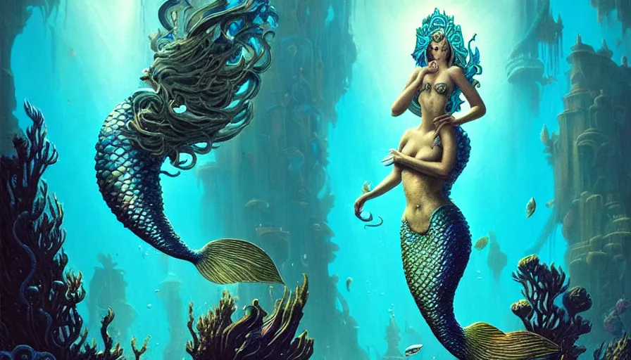 Prompt: a beautiful mermaid looking at the sunken city of Atlantis under water, rays of sunlight, stunning undersea intricate detailed grand architecture in the style of Joe Fenton, art style by Greg Rutkowski and Mohrbacher, graceful mermaid style by Tom Whalen, deep underwater scene, dark and moody, faint volumetric god rays, grim crushing atmosphere, trending on artstation, masterpiece, claustrophobic