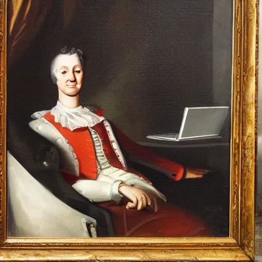 Image similar to oil painting of an 1 8 th century french aristocrat sitting on a couch using a mac laptop,