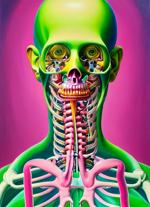 Image similar to a beautiful and highly detailed painting of an anatomical portrait wearing overalls, inside a grand room lined with paintings, emotionally expressive, oil painting, soft light, pink and green olour palette, cinematic composition, cinematic lighting, sharp focus, masterpiece by shusei nagaoka kaws, david rudnick, airbrush on canvas, pastell colors, cell shaded 8 k