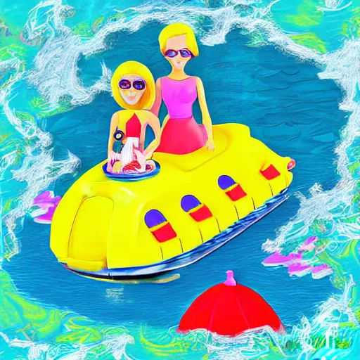 Prompt: ken and barbie having cake by the ocean on a yellow submarine - digital art