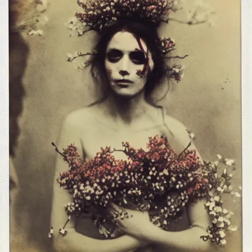 Prompt: portrait of a beautiful woman corpse covered in flowers, 1910 polaroid photography,