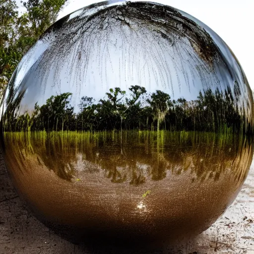 Prompt: a large metallic ball with a mirror finish site in the florida everglades covered in mud, photorealistic