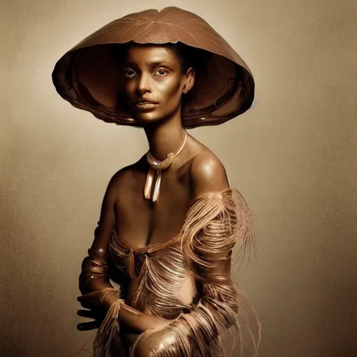 Image similar to a cluse - up shot of a brown - skinned woman wearing a luminous armor made of jelly fishes. soft. fragile. haunting eyes!! coherent face!! no makeup!! by ray caesar. by louise dahl - wolfe. by andrea kowch. surreal photography