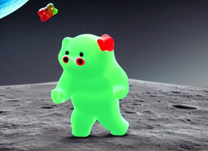 Image similar to a gummy bear walking on the moon staring back at a tiny earth, photorealistic